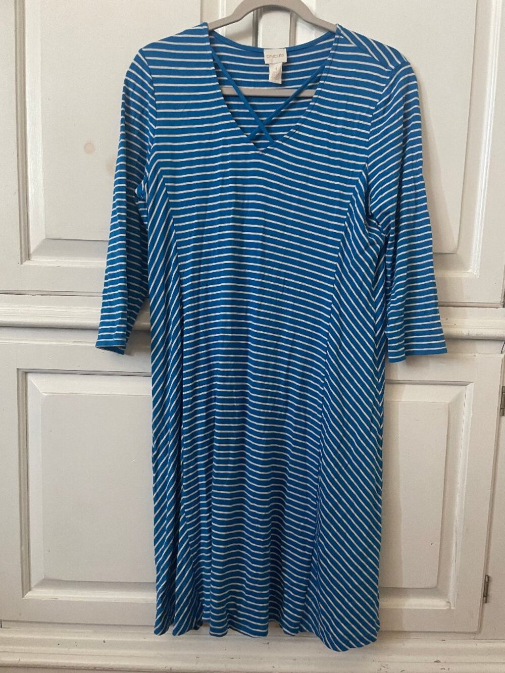 Chicos womens blue/white striped nautical t-shirt 3/4 sleeve knee length dress M